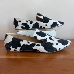 Abata Womens Cow Print Pointed Toe Loafers Black White Animal Pattern Flats 11